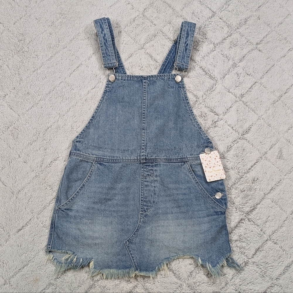 Free People Jumper Women's 0 Blue Torn Up Denim Overalls Mini Skirt Frayed Hem 
